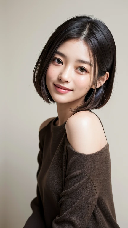 (((Close-up of face)))、(((Absolutely shoulder-length brown straight short bob)))、(((She is posing like a hair salon model, with a black wall indoors as the background.)))、(((Casual black winter long sleeves with shoulders covered)))、Half Japanese, half Korean、18 year old girl、Standing Alone、Looking forward、Light eye makeup、Brown Hair Color、Flat and 、Hair blowing in the wind、Actress Quality、Glossy, ultra-realistic face、Smiling face、Watery eyes、Gazing Up、Subtle lighting effects、 Ultra-Realistic Capture、Very detailed、High resolution 16K close up of human skin。Skin texture must be natural、The details must be such that pores can be clearly seen、The skin is healthy、Uniform tone、Use natural light and colors、A worn-out, high-quality photo taken by a model agency's in-house photographer.、smile、(((SIGMA 300 mm F/1.4,1/1000 sec shutter,ISO 400)))
