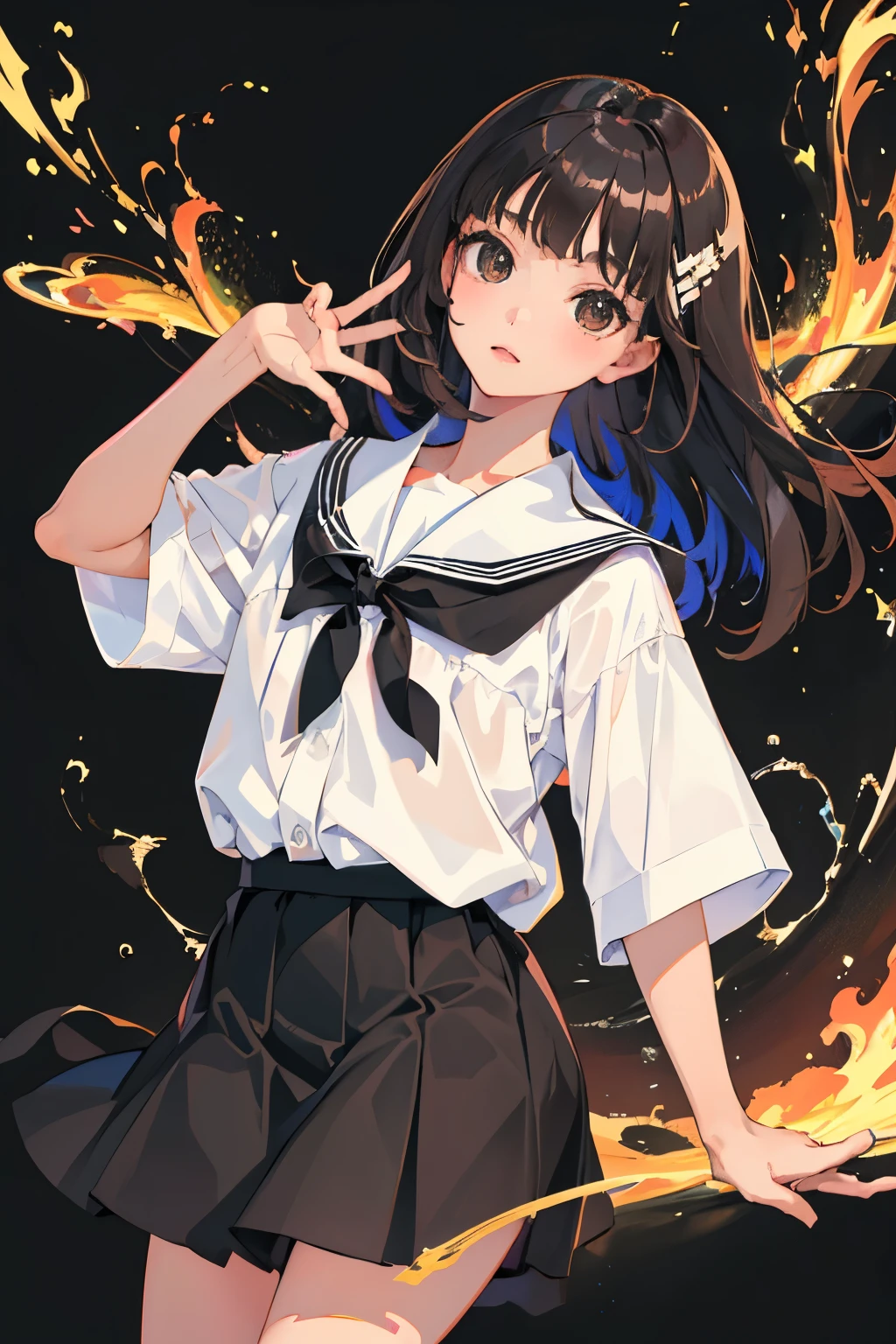 (child)，highest quality，Beautiful face in every detail，cute，Dark brown eyes，(背の低いcute女の子，Small young student，Young delicate girl）,（masterpiece，Top quality)，Black Hair，Sleepy expression，Short sleeve white shirt，Colorful checked skirt