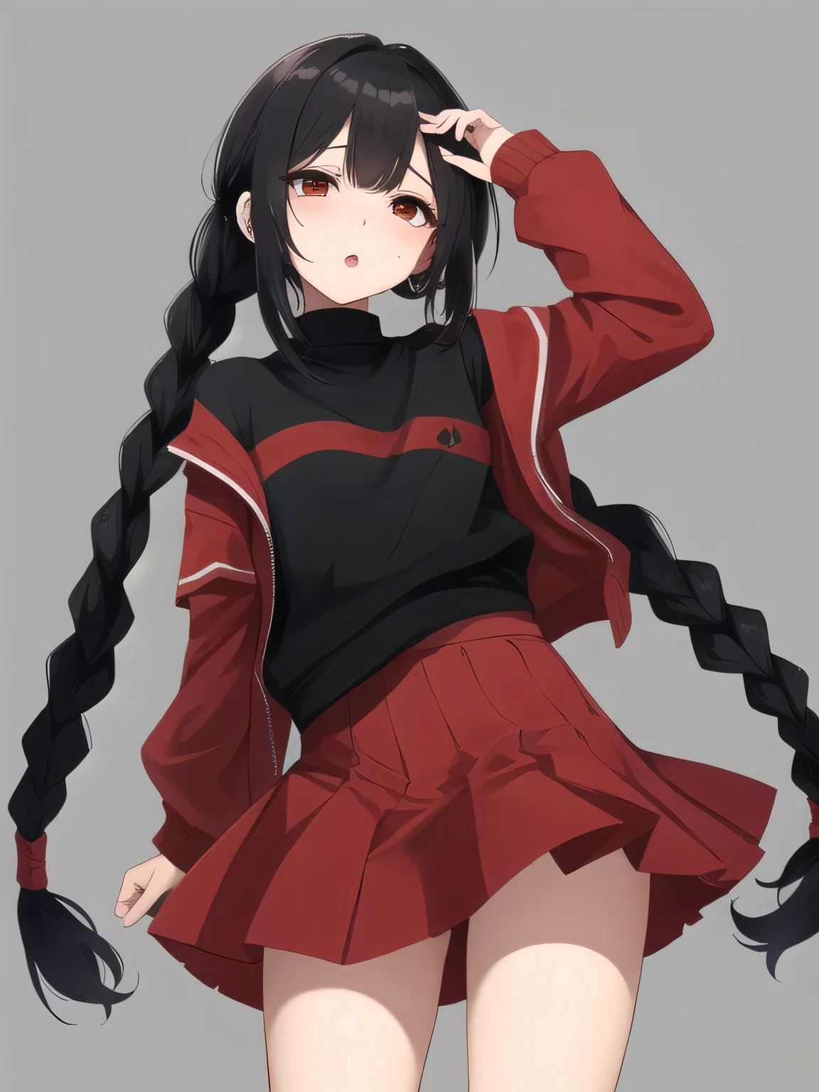 score_9, score_8_up, score_7_up, score_6_up, score_5_up, score_4_up, BREAK, source_anime, 1girl, red skirt, black hair, black eyes, mole under eye. twin braids, dark skin