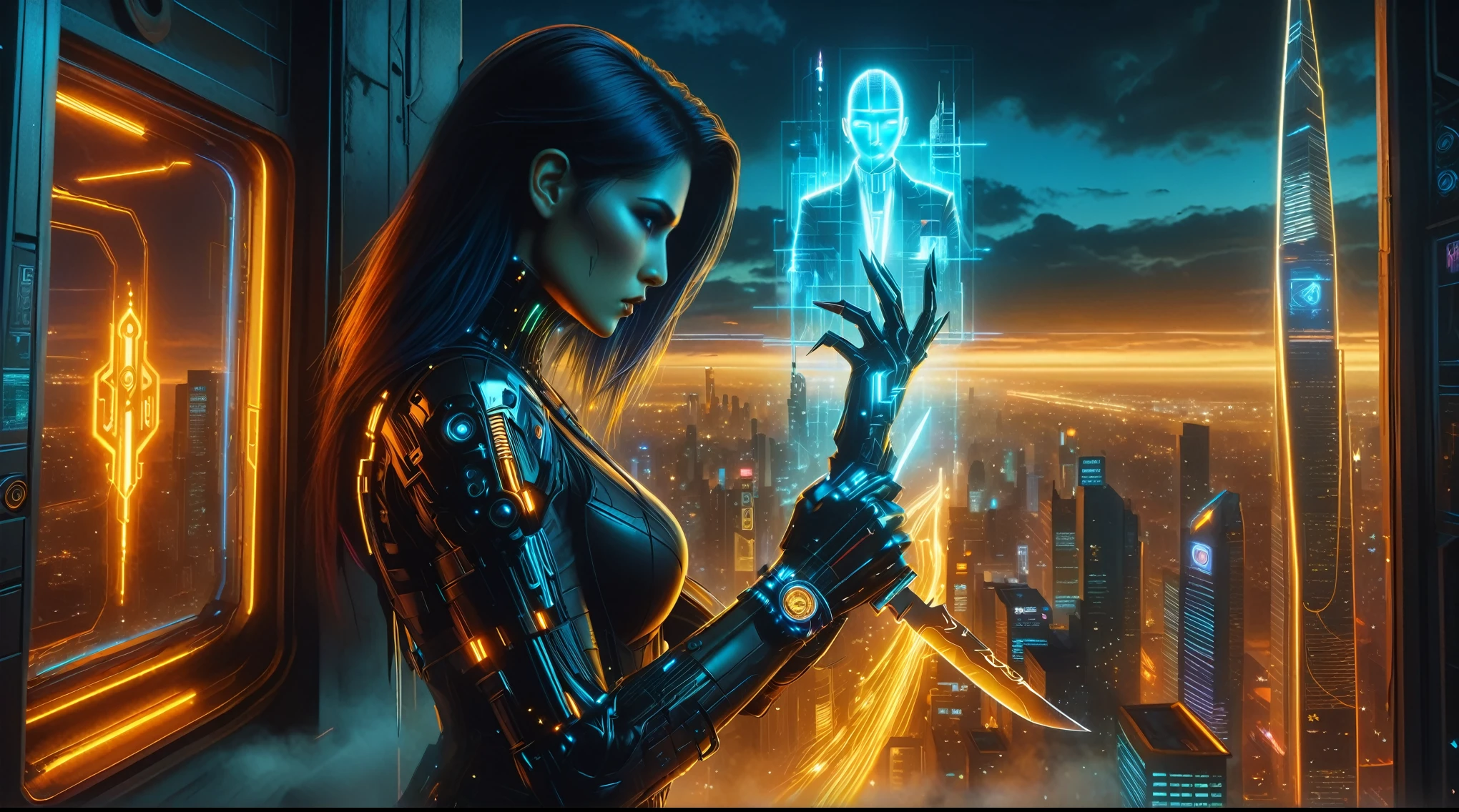 A stunning, high-quality image of a cyberpunk szene This captivating a female assassin in top of Building in the distance city, with Knife, icredible cyber costume, in her hand bracelet with a hologram of an executive, piece seamlessly blends photography, dark and neon awesome combination, orange yellow, blue and Black, illustration, 3D rendering, and painting to create a cinematic experience that evokes both wonder and danger, dark fantasy, cinematic, poster, 3d render, illustration, painting, photo, vibrant