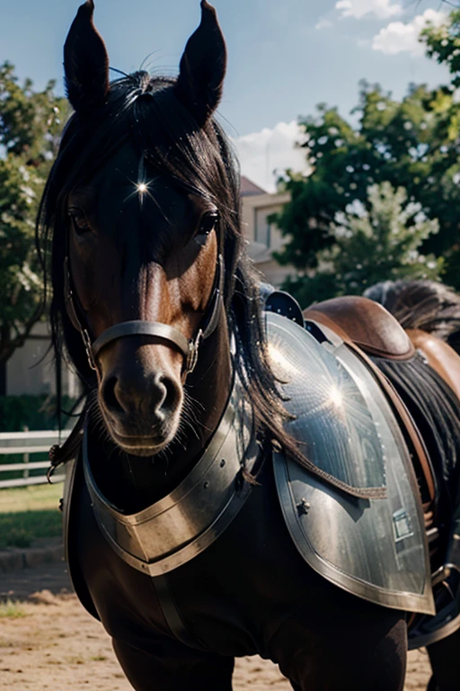 HORSE WITH ARMOR, gradient eyes, scared, black hair, straight hair, sparkling eyes, serious, anime style, En plein air, backlighting, modern, 1080P, HD, 4K