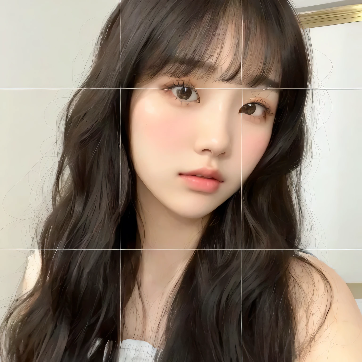 un primer plano de una mujer con cabello largo y una camisa blanca, ulzzang, Lalisa Manobal, neat hair Con flequillo, flequillo esponjoso, Con flequillo, she has black hair Con flequillo, el corte de hime, rasgos de la cara coreana, joven y adorable rostro coreano, jinyoung shin, pale korean adorable face, con flequillo completo, long hair Con flequillo chuu de loona loona chuu loona