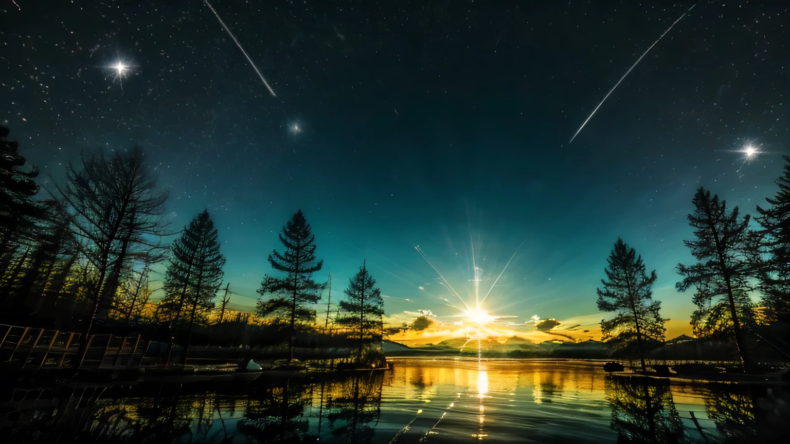 Beautiful night sky、Majestic nature、Fantasy、Lens flare、high quality、4k、16：9