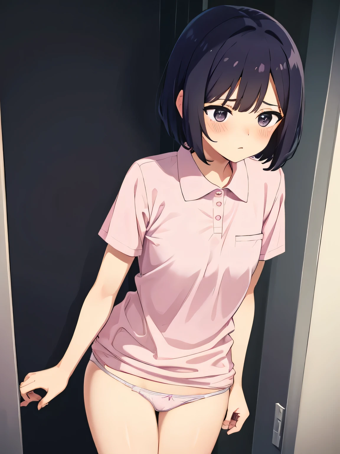 1. Beautiful woman in a pink polo shirt, short hair, Small breasts,Black Hair, Hospital Beautiful Cute High Quality Cute little panties half removed Short sleeves Fingers hanging on panties Panties down