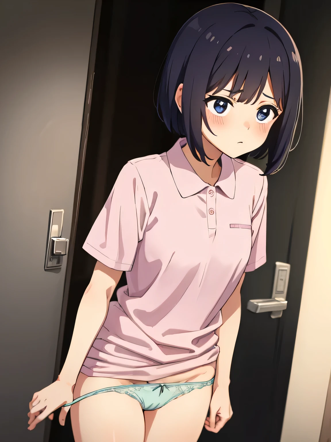 1. Beautiful woman in a pink polo shirt, short hair, Small breasts,Black Hair, Hospital Beautiful Cute High Quality Cute little panties half removed Short sleeves Fingers hanging on panties Panties down
