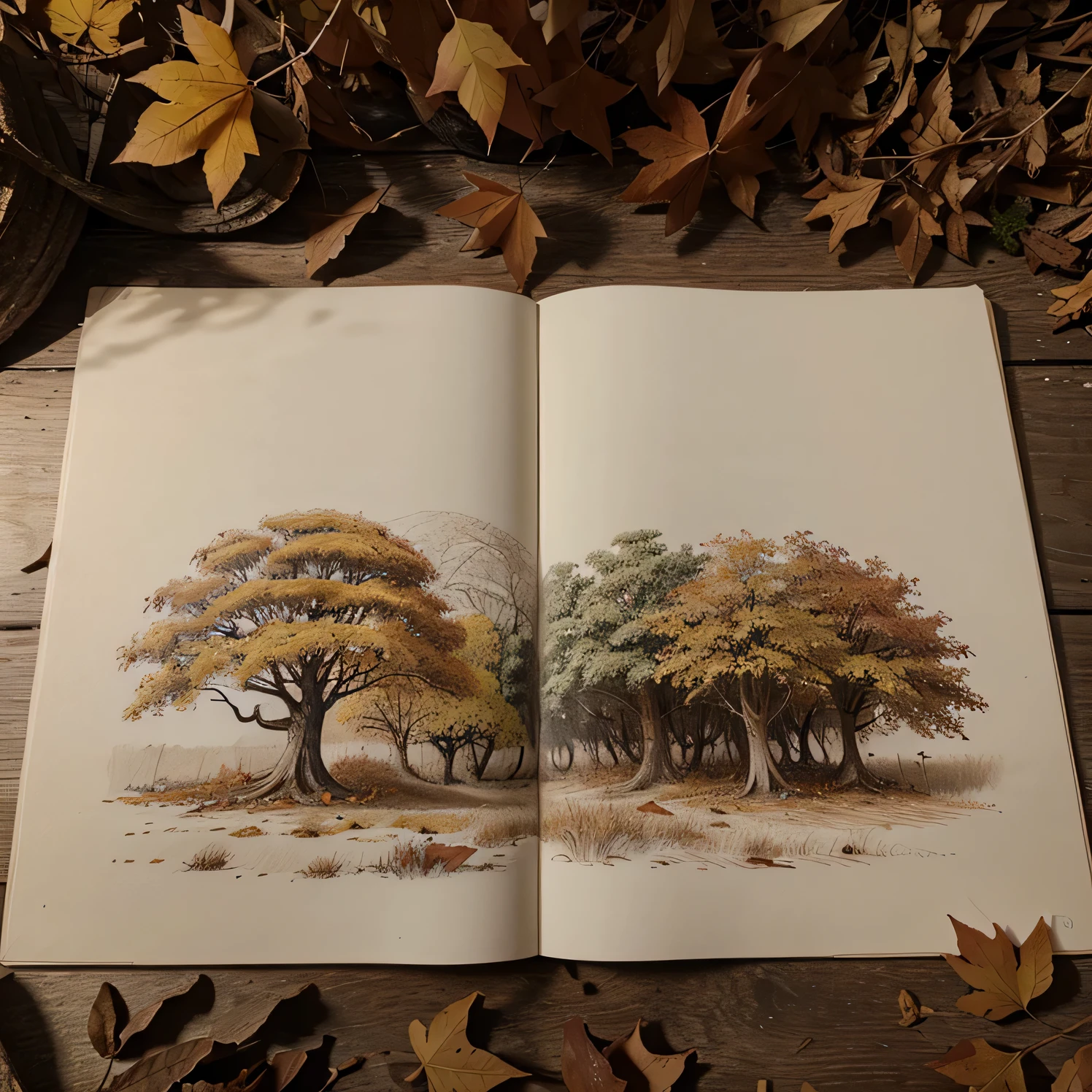 A drawing that seems to have been created by a  where an autumn landscape with mushrooms and dry leaves is captured