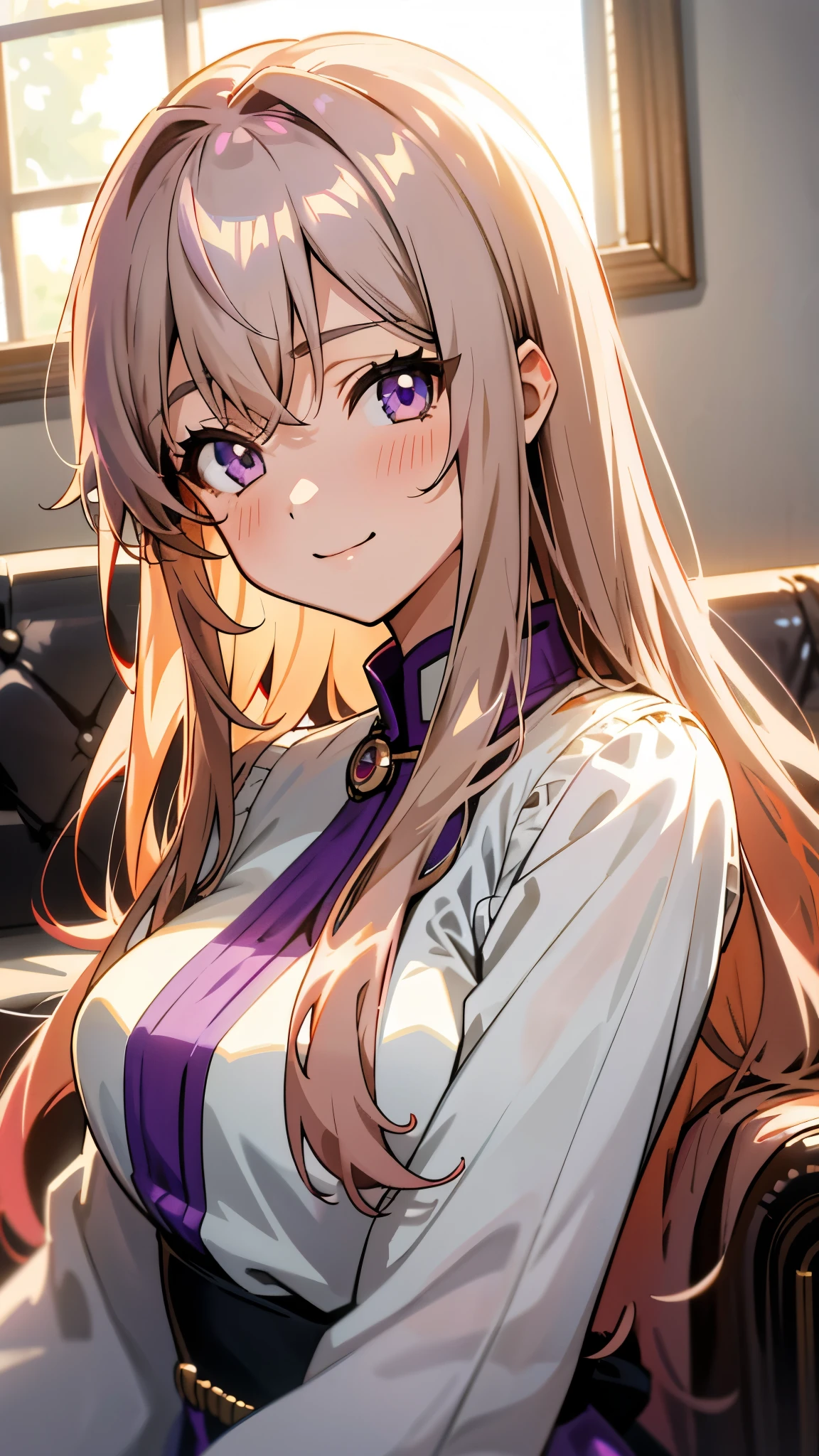 1 girl、Anime Style、美しい light brown hair、beautiful purple beautiful eyes、Long Hair、Transparent Hair、Translucent hair、smile、Avert your gaze、Upper body close-up、Western-style room、sofa、morning、Lens flare、Shiny, Shiny肌、Sexy clothing that reveals skin