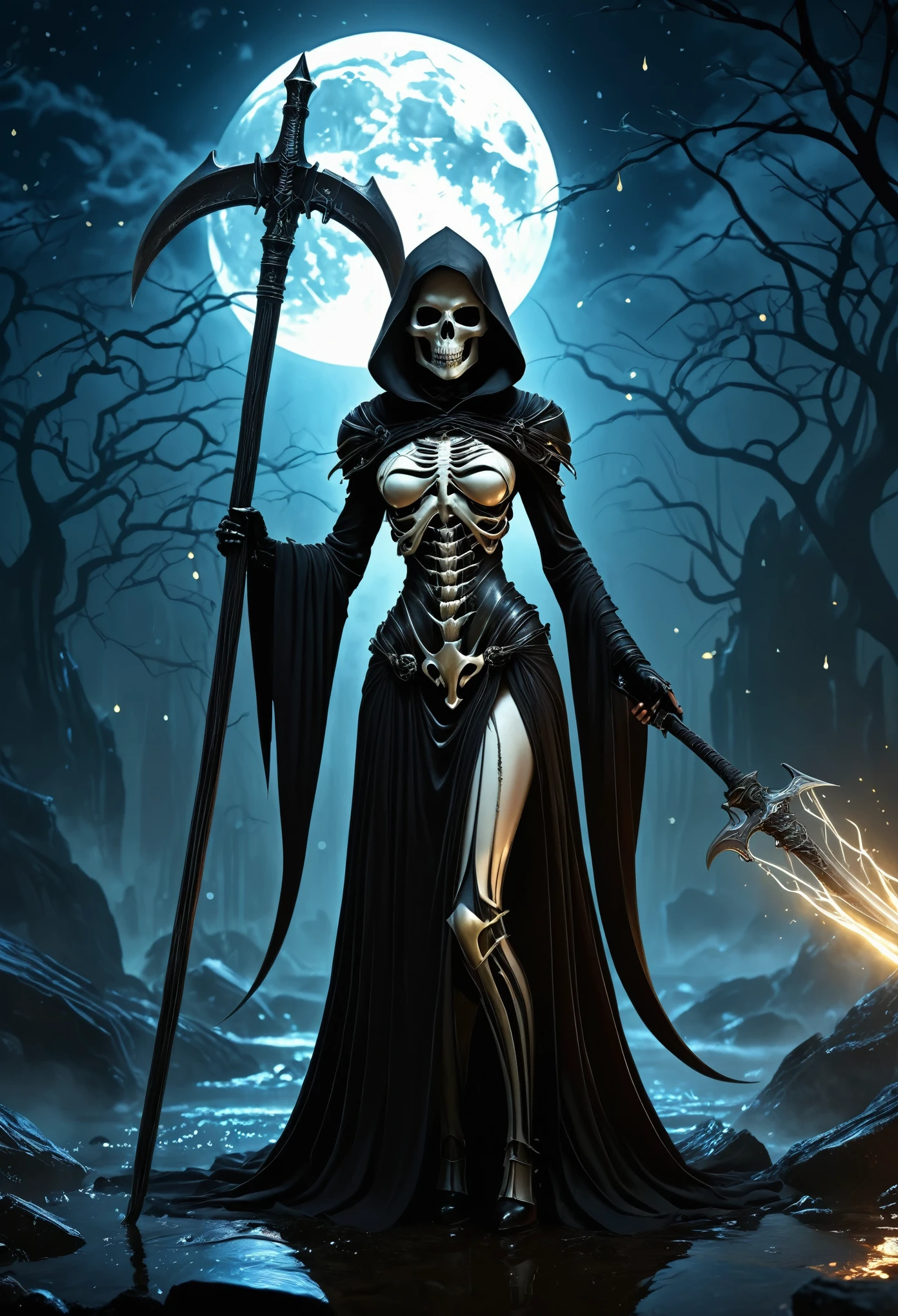 (((Top Quality: 1.4))),(Unparalleled Masterpiece),(Ultra High Definition),(Ultra-Realistic 8k CG), (aesthetic), (hyper detail: 1.2),Black Grim Reaper girl ,chibi,standing, grim reaper,death,god of death,(Action Pose: 1.4), standing in the eerie moonlight, cloaked in tattered black robes, wielding a large scythe, (magic mysterious background, fireflies, glowing particles, ethereal fog, faint darkness),, perfect anatomy,cyborg style,cyborg, hyper-realistic illustration,Draw inspiration from artists like H.R. Giger for a surreal, dark, and otherworldly style