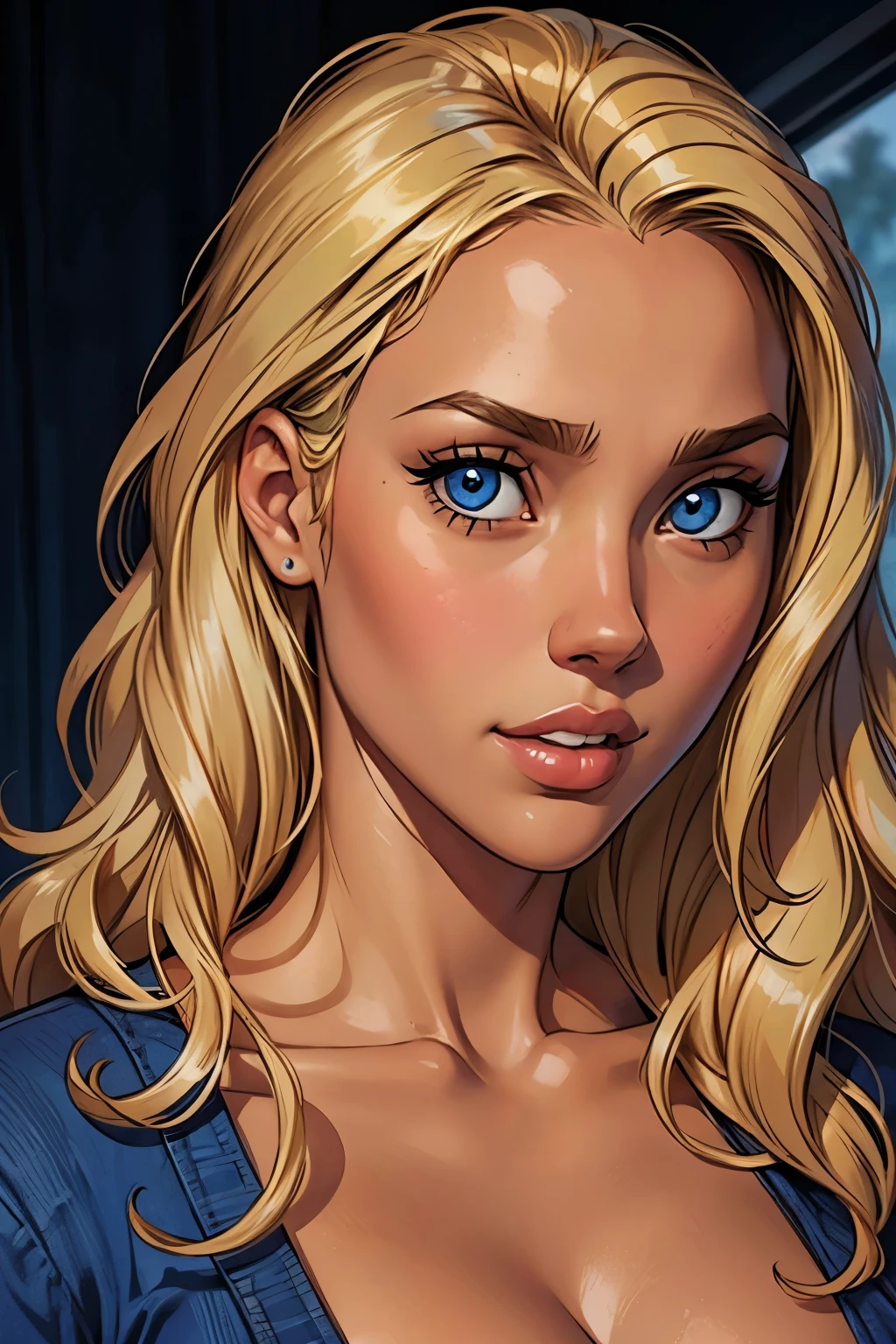 Young Jessica Alba, curly_blonde_hair, dark skin, blue_eyes retrato