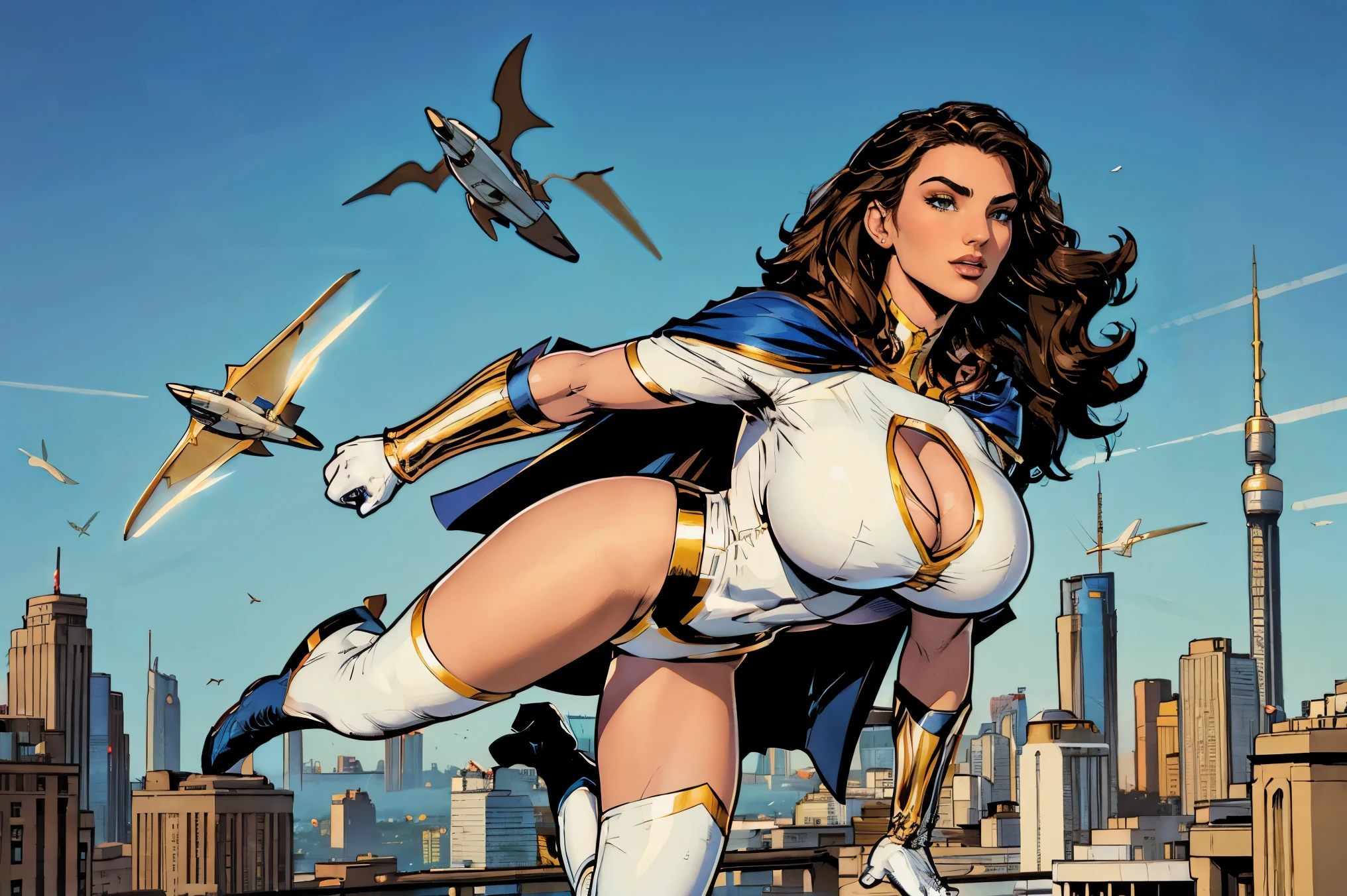 Gorgeous and sultry busty athletic (thin) brunette with sharp facial features and a (large nose) and (huge boobs) wearing a white and gold superhero leotard, cape, gloves, thigh-high boots. (((Flying))), city skyline.