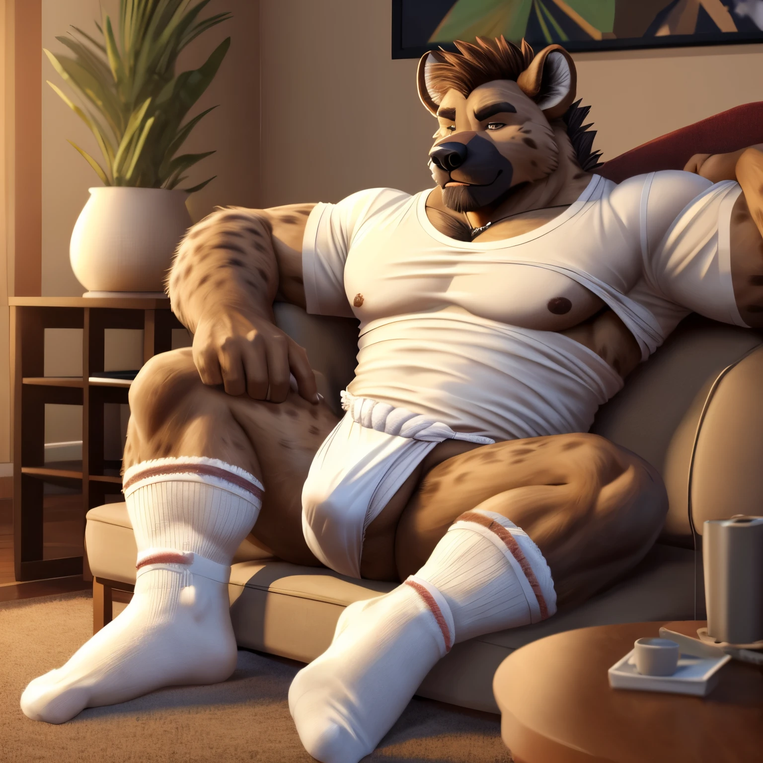 Hyena, male，shaggy，Furry，burly build，macho father in (((white wifebeater undershirt and fundoshi))) y-fronts and white socks, detailed bulge, relaxing on sofa, feet up on coffee table, legs crossed, burly build, perspired ((irate)), show socks, vred，e621, living room