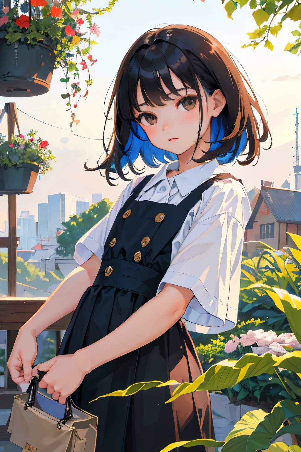 (child),highest quality,Beautiful face in every detail,cute,Dark brown eyes,(背の低いcute女の子,Small young student,Young delicate girl),(masterpiece,Top quality),Black Hair,Sleepy expression,Short sleeve white shirt,Colorful checked skirt,garden