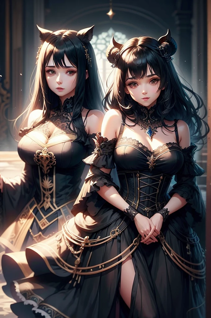 mejor calidad, 2 chicas juntas, mirando al espectador, pelo azul oscuro, ojos negros, pelo muy corto, pelo de punta, ahogo, Camiseta, vaqueros de cintura alta, pelo despeinado, pelo entre los ojos,Pechos grandes, piel oscura, sonrisa, Caderas anchas, muslos, de pie,