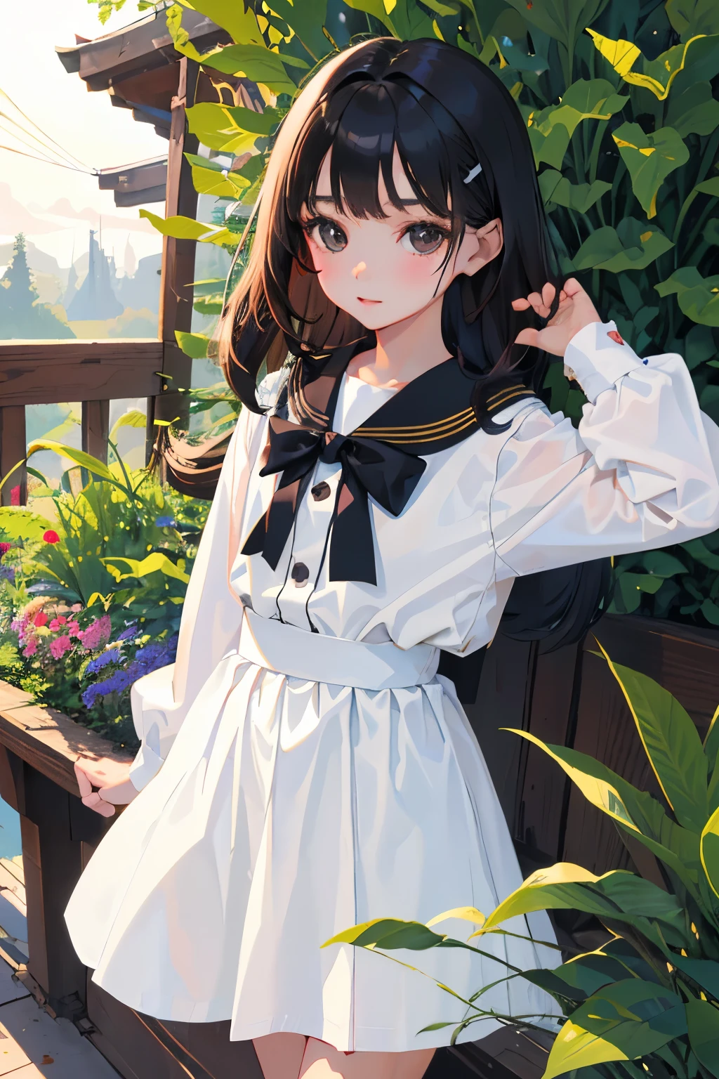 (child),highest quality,Beautiful face in every detail,cute,Dark brown eyes,(背の低いcute女の子,Small young student,Young delicate girl),(masterpiece,Top quality),Black Hair,Sleepy expression,Short sleeve white shirt,Colorful checked skirt,garden