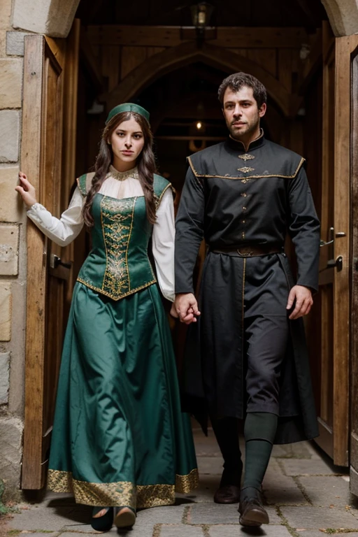 arafed image of a man and a woman dressed in roupas medievais, como um personagem de fantasia medieval, dressed in roupas medievais, wearing roupas medievais, wearing black Vestes medievais, com um manto verde, vestindo uma capa verde, vestindo capa verde, Vestes medievais, roupas medievais, traje medieval, roupas medievais, medieval!!, estilo medieval, definir foto fantasiada