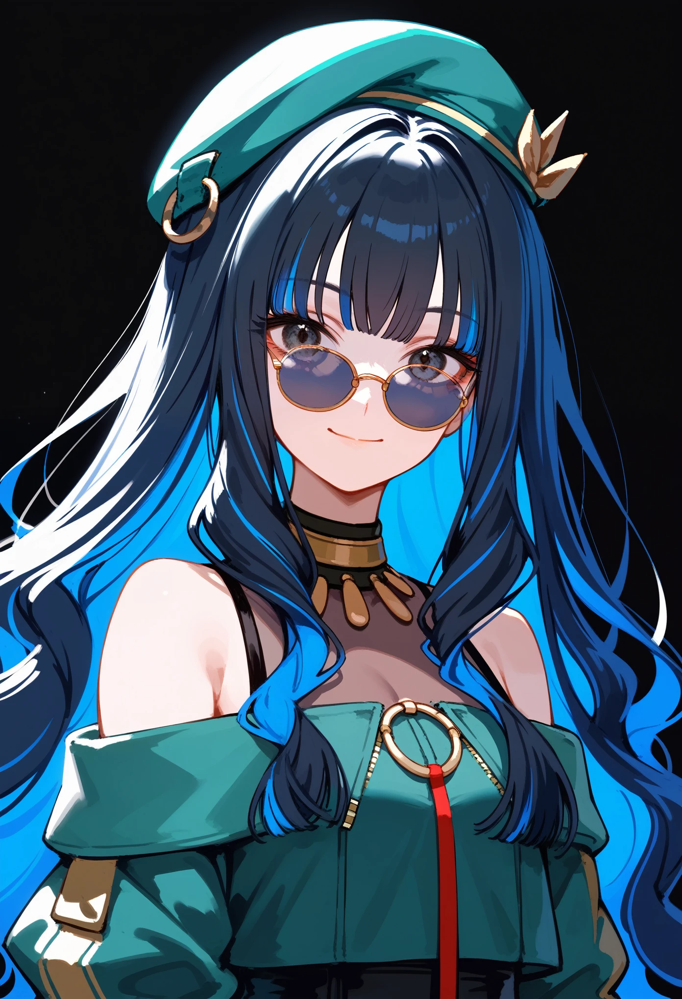 upper body, 1girl, solo, long hair, black hair, colored inner hair, blue hair, wavy hair, eyeliner, makeup, jewelry, beret, o-ring, neck ring, black shorts, buttons, round sunglasses, bracelet, bare shoulders, green jacket, off shoulder, zipper, small smile, closed mouth, portrait, black background, simple background, masterpiece, score_9, score_8_up, score_7_up