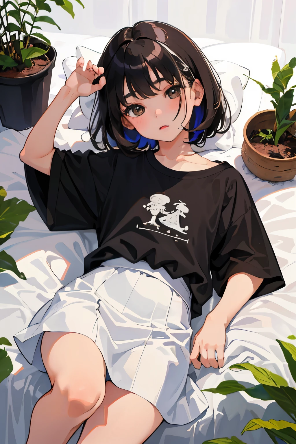 (child)，highest quality，Beautiful face in every detail，cute，Dark brown eyes，(背の低いcute女の子，Small young student，Young delicate girl）,（masterpiece，Top quality)，Black Hair，Sleepy expression，Short sleeve white shirt，Colorful checked skirt，garden