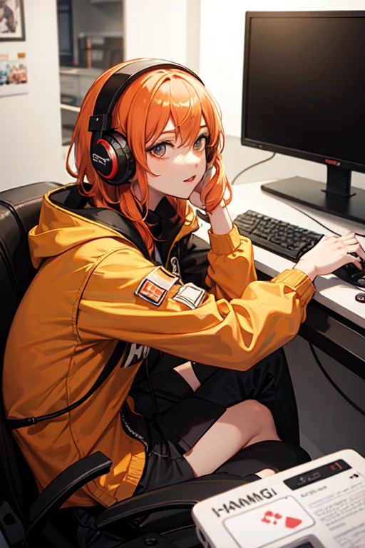 Une femme au cheveux orange avec un casque  gaming  qui joue au jeux video 