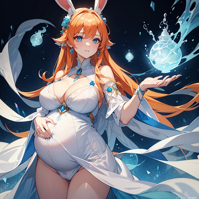 Beautiful pregnant female sorceress, elegant formal detailed and tight white dress with blue details, blue gems, mature, bunny ears, orange hair, piercing blue eyes, wants to have sex with me, cleavage 