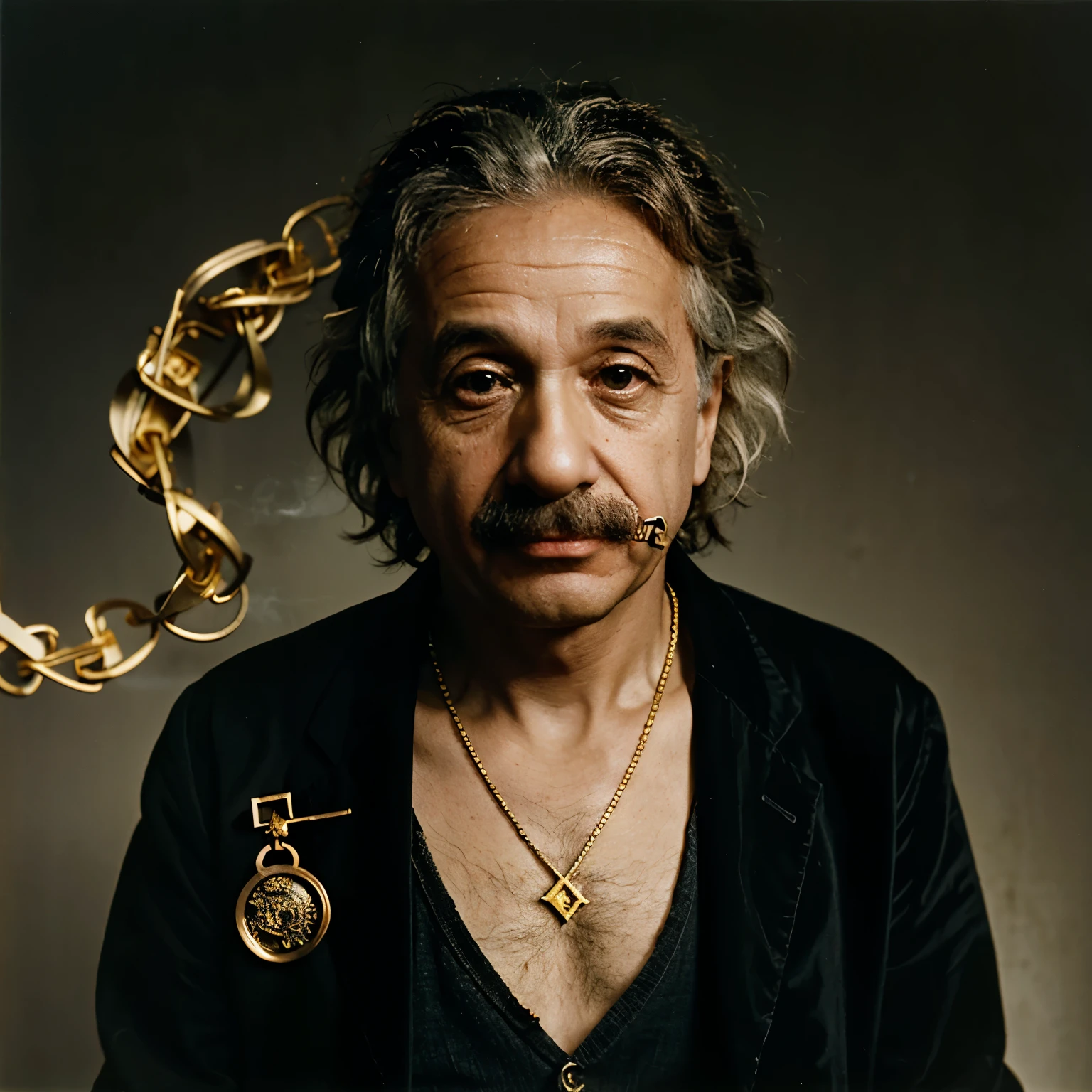 Albert Einstein
Theoretical physicist usando Juliet, smoking and with a gold chain with a pendant with the formula of relativity