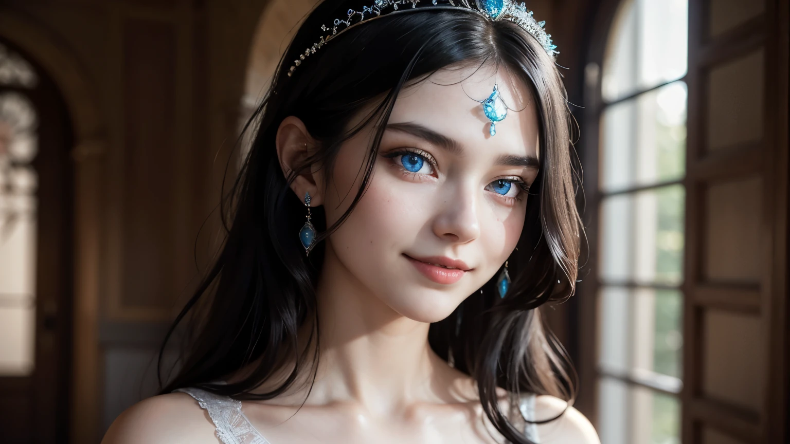 focus on face, close to viewer, (Princess dress), intricate lines, intriguing atmosphere, sharp magnificent details, delicate features, elaborate details, beautiful girl (blue eyes)++, long black hair, twenty year old woman, ((upper body)) (Acne), ((natural lighting)) (smile)