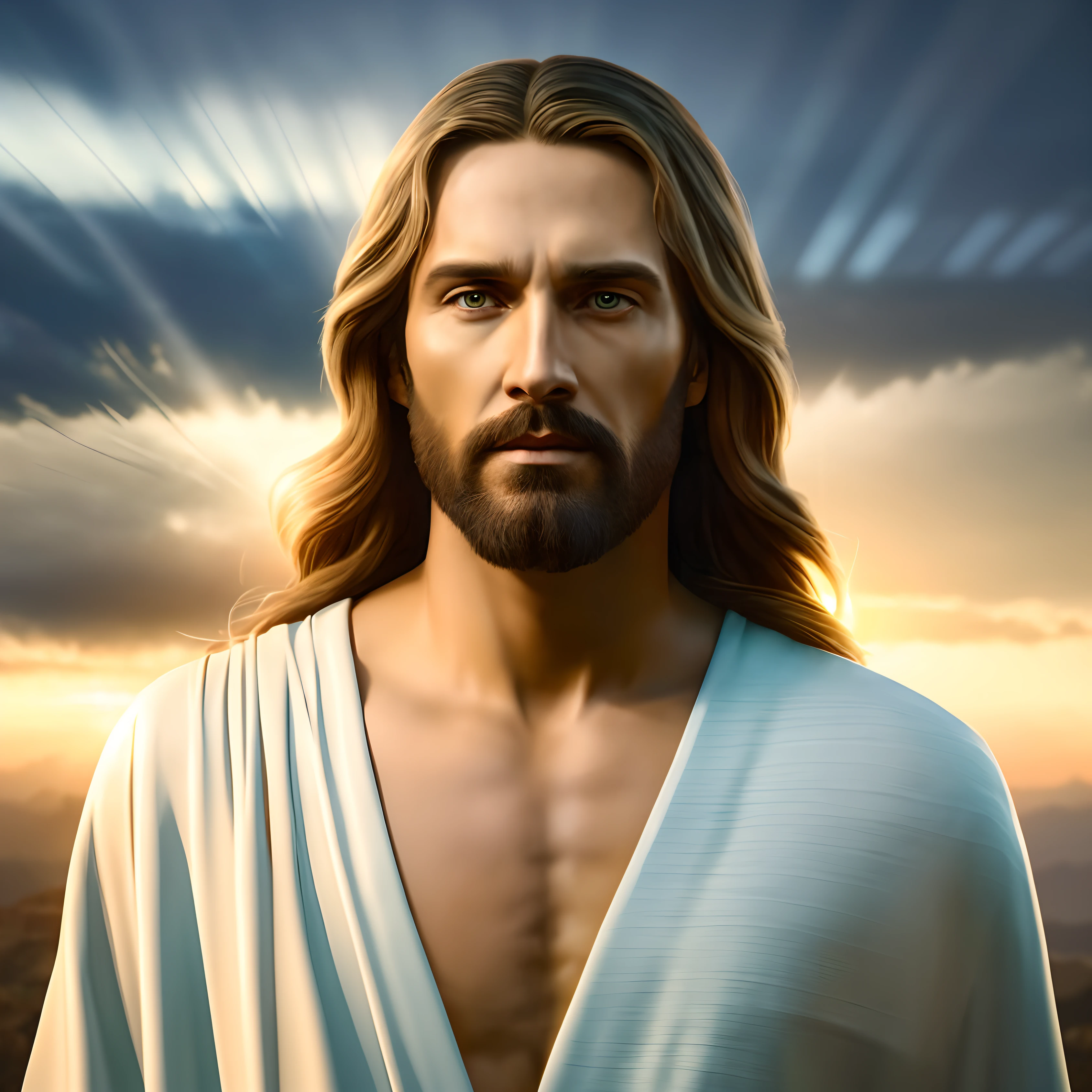 Jesus stands in front of a sunset with a sky background, Jesus Cristo, portrait of Jesus Cristo, jesus, rosto de jesus, Greg Olsen, Jesus of Nazareth, tron legacy Jesus Cristo, Jesus Cristo in mass effect, dressed like Jesus Cristo, Deus olhando para mim, tron legado jesus, o senhor e salvador, a face de deus, gigachad jesus