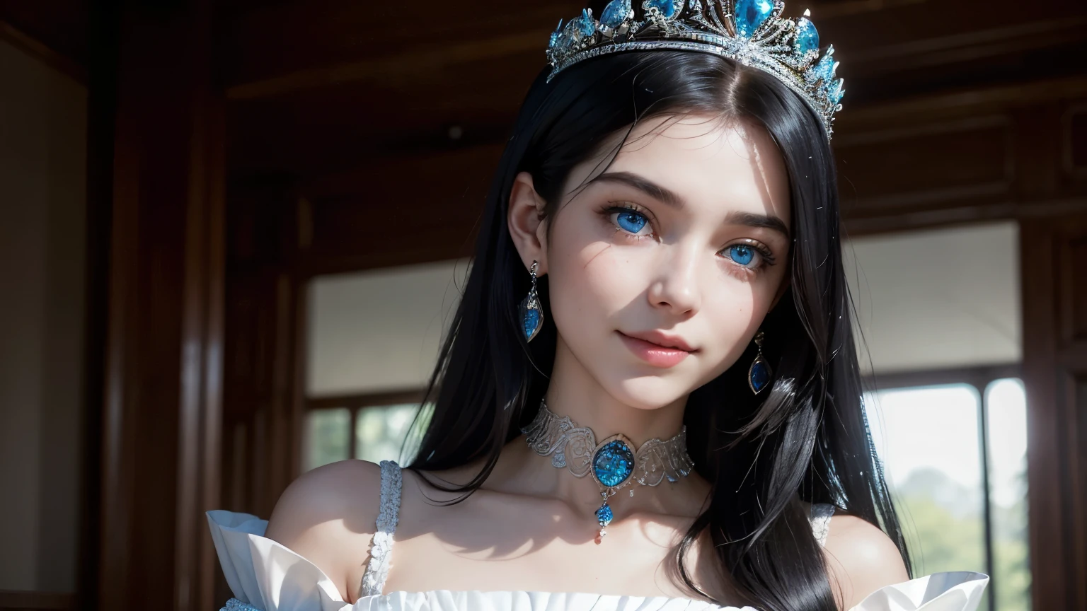 focus on face, close to viewer, (Princess dress), intricate lines, intriguing atmosphere, sharp magnificent details, delicate features, elaborate details, beautiful girl (blue eyes)++, long black hair, twenty year old woman, ((upper body)) (Acne), ((natural lighting)) (smile)