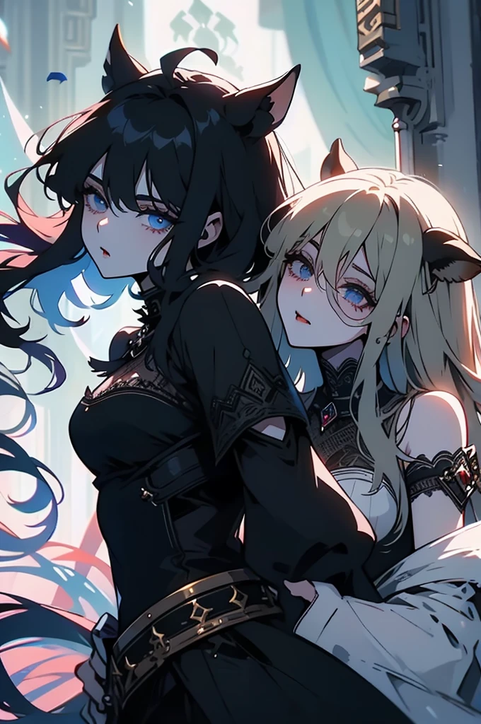 mejor calidad, 2 chicas juntas, mirando al espectador, pelo azul oscuro, ojos negros, pelo muy corto, pelo de punta, ahogo, Camiseta, vaqueros de cintura alta, pelo despeinado, pelo entre los ojos,Pechos grandes, piel oscura, sonrisa, Caderas anchas, muslos, de pie