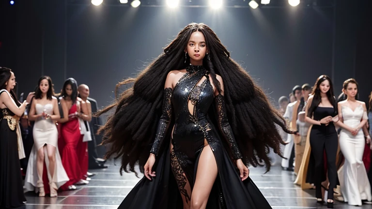 On a fashion show, a gorgoeus 21 years odl Afro-American fashion model in light-brown skin with very long black wavy dreadlocks reaching to her popo and bald sides is stalking along a broad catwalk with enthusiastic audience left and right