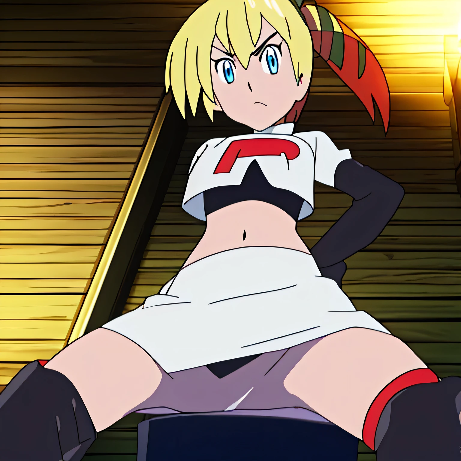 ((team rocket uniform,red letter r,white skirt,white crop top,black thigh-high boots,black elbow gloves,glaring angrily,looking at viewer,hands on hips,from below)),(best quality,4k,8k,highres,masterpiece:1.2),ultra-detailed,(realistic,photorealistic,photo-realistic:1.37),((HDR,UHD,studio lighting,extreme detail description,professional,portraits,red color scheme,dramatic lighting)),{{sexy squat on toilet,spread legs,black panties,1girl,blonde hair,short hair,side ponytail,blue eyes,UHD}}