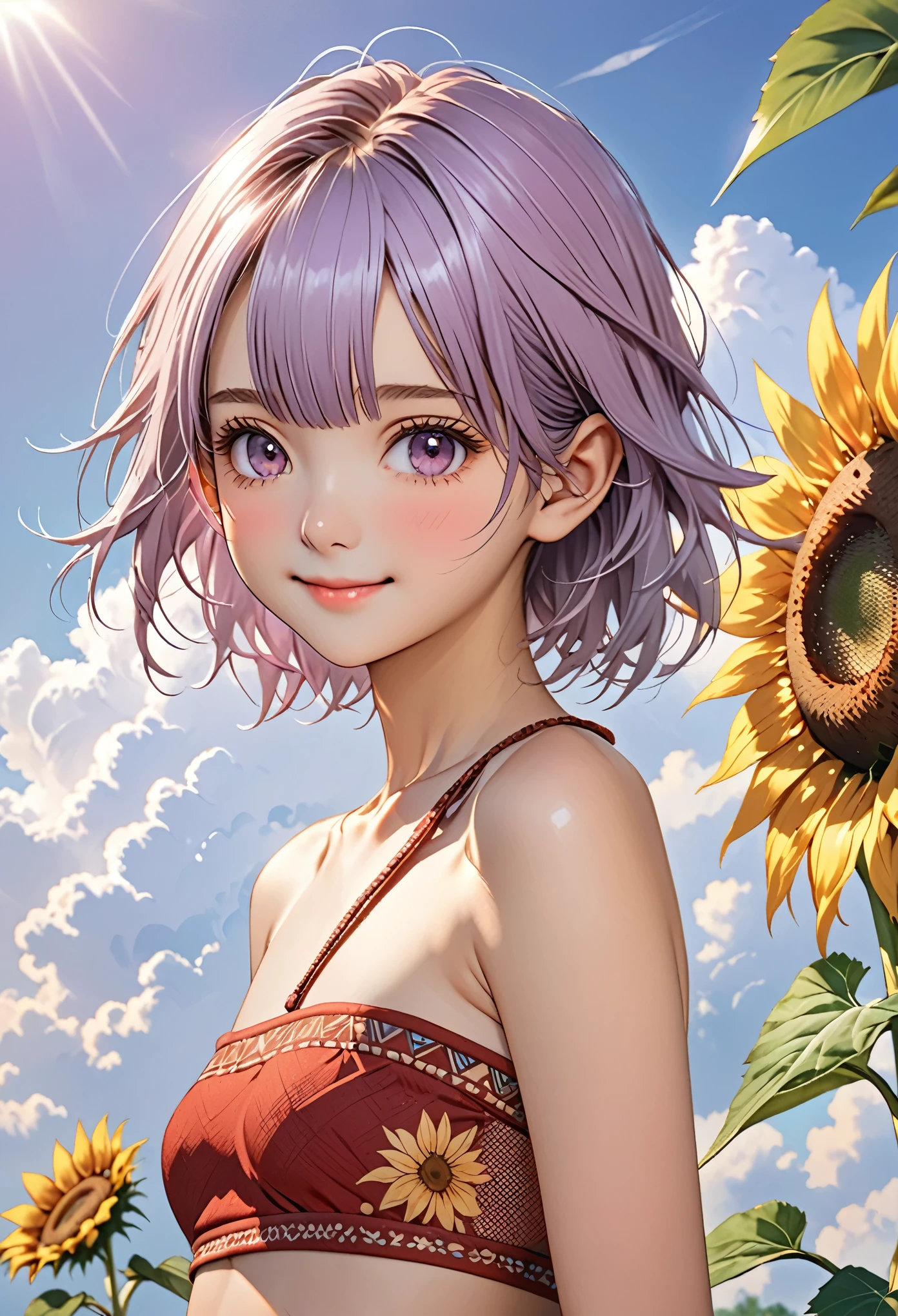 ((Masterpiece)), ((best quality)), (Anime:1.3), (super detail:1.2),(High Definition:1.3), (Professional Photography:1.2), ((12 years old)), (morning), messy medium hair, (wearing tribal loincloth only), (slightly exposed naked small breast), erect nipples, (Healthy Slender body), Beautiful collarbone, pale purple hair, cute teenage girl, (shy and very blush), lower eyelashes, (loose blunt bangs), red mesh, Slender body, (place hand on hair), glossy skin, (nauthy smile), open mouth, ((Beautiful brown eyes)), Textured skin, (Cat ears), Cute Beautiful Girl, BREAK, ((best quality)), cumulonimbus cloud, summer day, sunflower, (on the tropical country), (sharp focus), (perfect light),