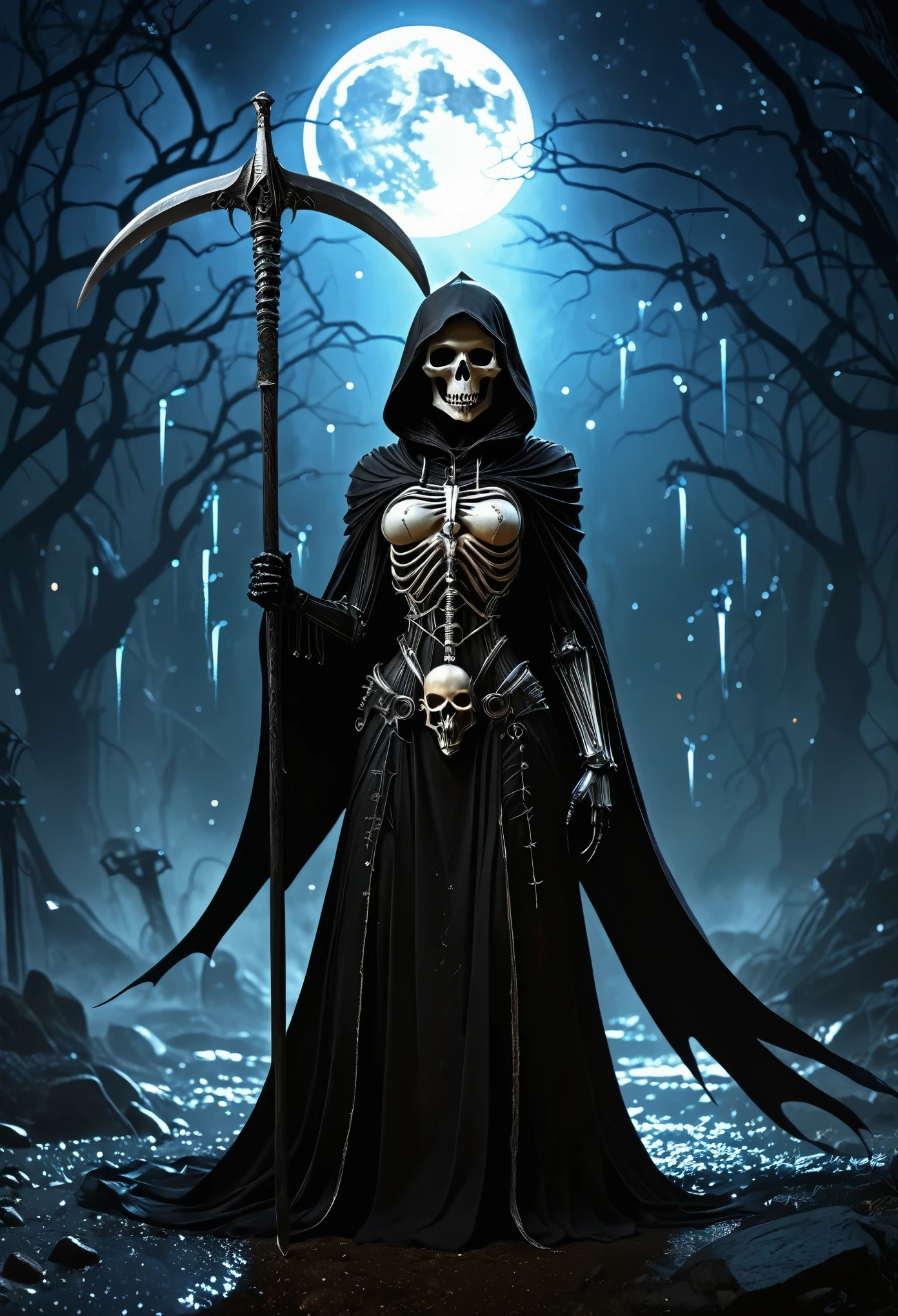 (((Top Quality: 1.4))),(Unparalleled Masterpiece),(Ultra High Definition),(Ultra-Realistic 8k CG), (aesthetic), (hyper detail: 1.2),Black Grim Reaper girl ,chibi,standing, grim reaper,death,god of death,(Action Pose: 1.4), standing in the eerie moonlight, cloaked in tattered black robes, wielding a large scythe, (magic mysterious background, fireflies, glowing particles, ethereal fog, faint darkness),, perfect anatomy,cyborg style,cyborg, hyper-realistic illustration,Draw inspiration from artists like H.R. Giger for a surreal, dark, and otherworldly style
