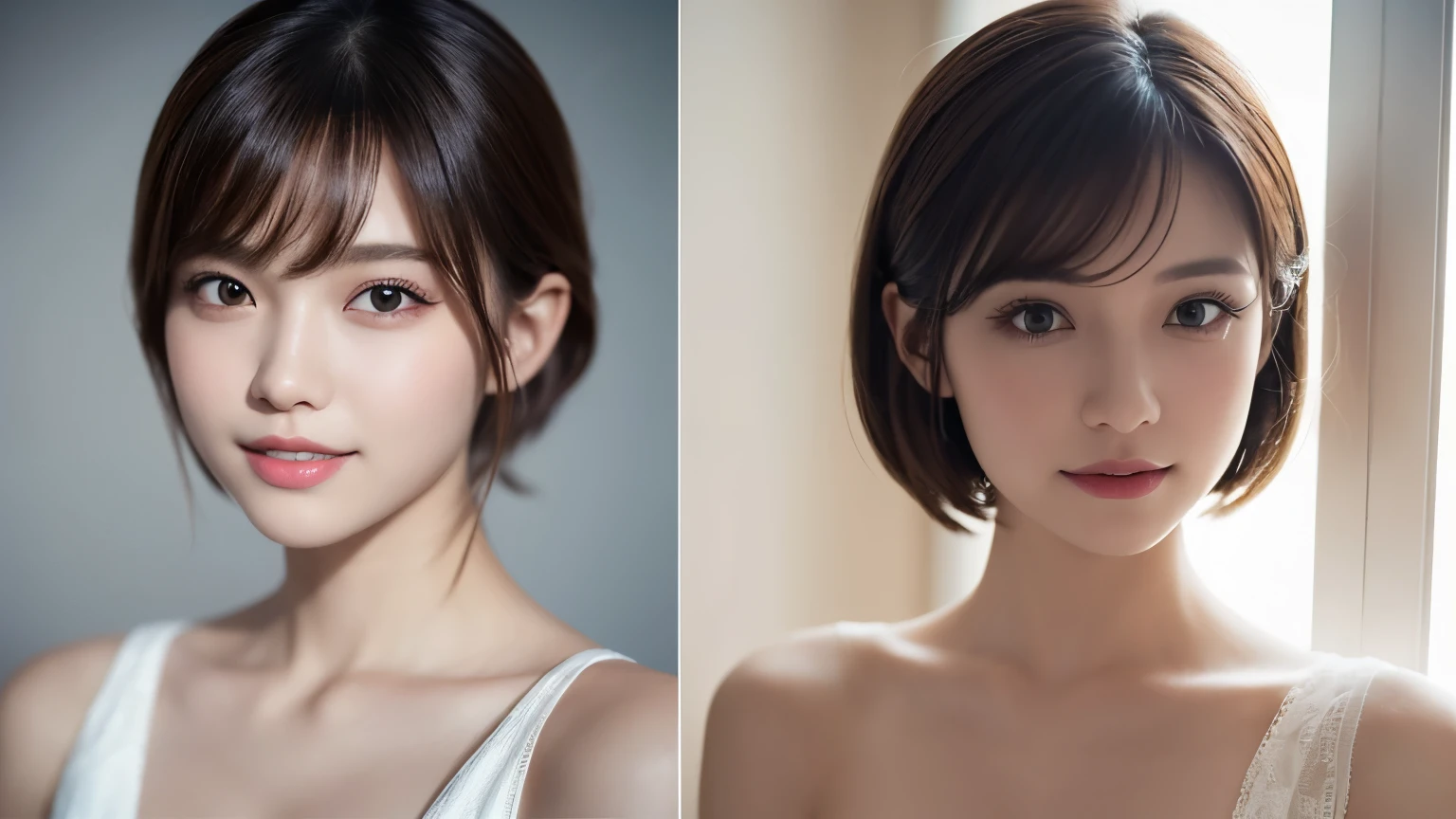 One Girl, (Dress in trendy fashion:1.2), (RAW Photos, highest quality), (Realistic, Photorealistic:1.4), Tabletop, Very delicate and beautiful, Very detailed, 2k wallpaper, wonderful, In detail, Very detailed CG Unity 8k wallpaper, Very detailedな, High resolution, Soft Light, Beautiful detailed girl, looking at the camera、Very detailedな目と顔, Beautifully detailed nose, Beautiful fine details, short Hair, small, White clothes、White background、Background is white、Cinema Lighting, Perfect Anatomy, Slender body, smile,