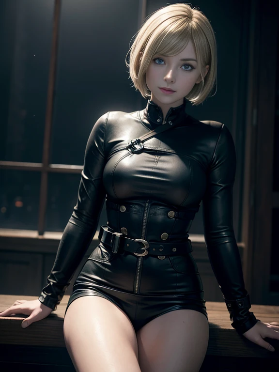 8K,Masterpiece,One woman,Smile,30 years old,blue eyes,Blonde Hair,Short Bob Hair,Ella Freya, a beautiful Dutch YouTuber(Ella Freya),「Resident Evil RE:4」Ashley, the heroine of