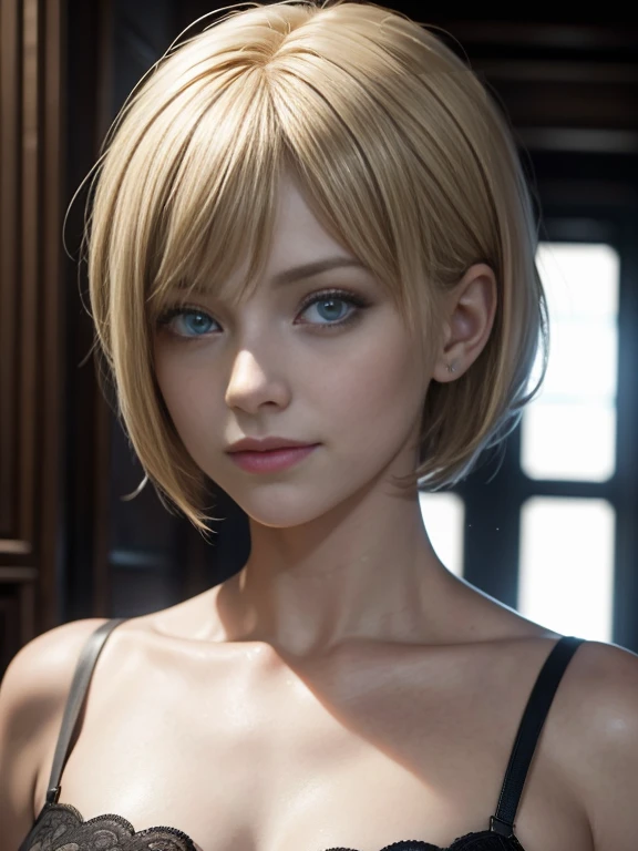 8K,Masterpiece,One woman,Smile,30 years old,blue eyes,Blonde Hair,Short Bob Hair,Ella Freya, a beautiful Dutch YouTuber（Ella Freya),「Resident Evil RE:4」Ashley, the heroine of