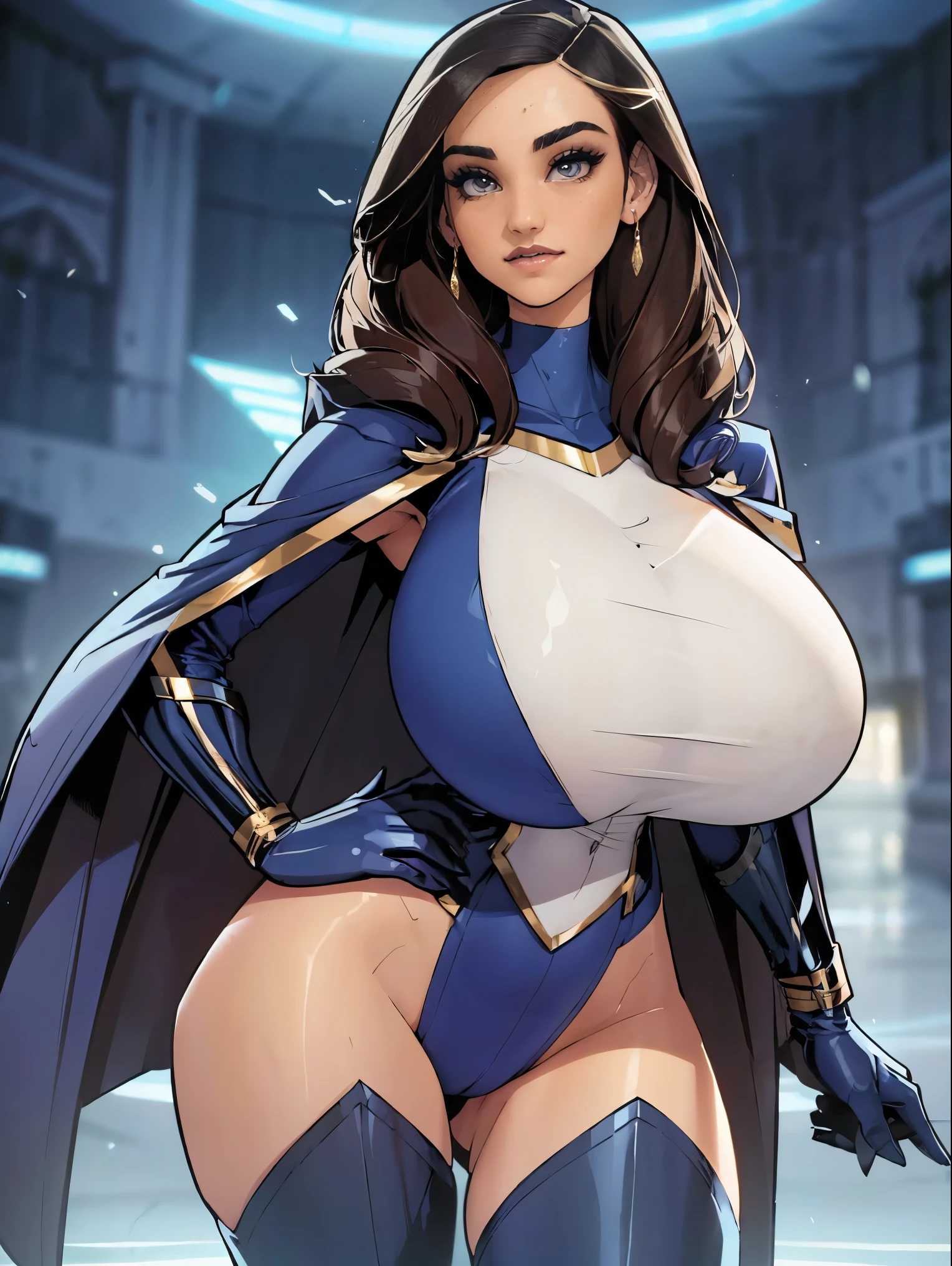 Gorgeous and sultry busty athletic (thin) brunette with sharp facial features and a (large nose) and (huge boobs) wearing a white and gold superhero leotard, blue cape, gloves, thigh-high boots