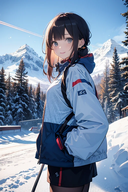 (8k, RAW Photos, highest quality, masterpiece:1.2), (Ultra-fine illustrations),Shiny skin,Detailed skin,Detailed face and eyes,Very cute and beautiful girl,20-year-old ,Beautiful Face, (Highly detailed 8k wallpaper), Sharp focus,(Cowboy Shot:1.3), Depth of written boundary, (Blur the background, Bokeh:1.2),  Cinema Lighting, Soft Light, Dynamic pose ,Long and black hair, (Ski wear ), smile , ("Snow covered mountain々A ski resort with a clear blue sky. The ski lifts stretch far into the distance, Snow covered trees々dotted.:1.3)
