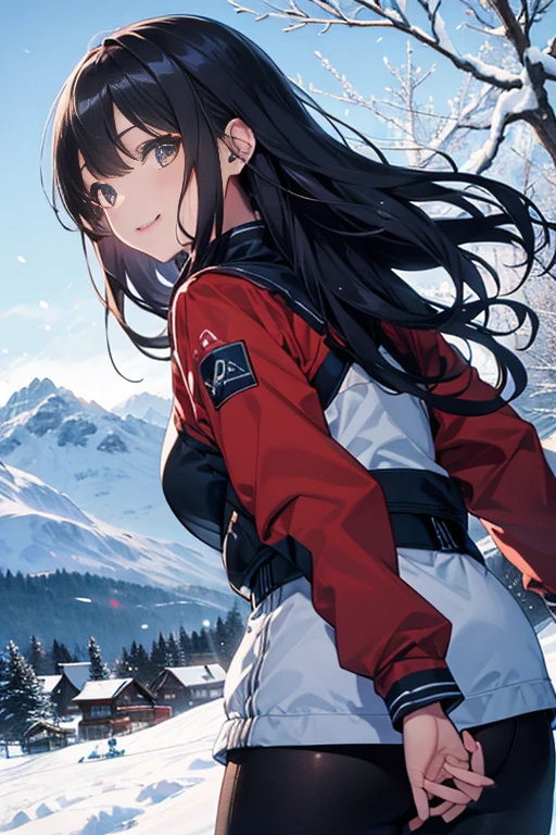 (8k, RAW Photos, highest quality, masterpiece:1.2), (Ultra-fine illustrations),Shiny skin,Detailed skin,Detailed face and eyes,Very cute and beautiful girl,20-year-old ,Beautiful Face, (Highly detailed 8k wallpaper), Sharp focus,(Cowboy Shot:1.3), Depth of written boundary, (Blur the background, Bokeh:1.2), Cinema Lighting, Soft Light, Dynamic pose ,Long and black hair, (Ski wear ), smile , ("Snow covered mountain々A ski resort with a clear blue sky. The ski lifts stretch far into the distance, Snow covered trees々dotted.:1.3)