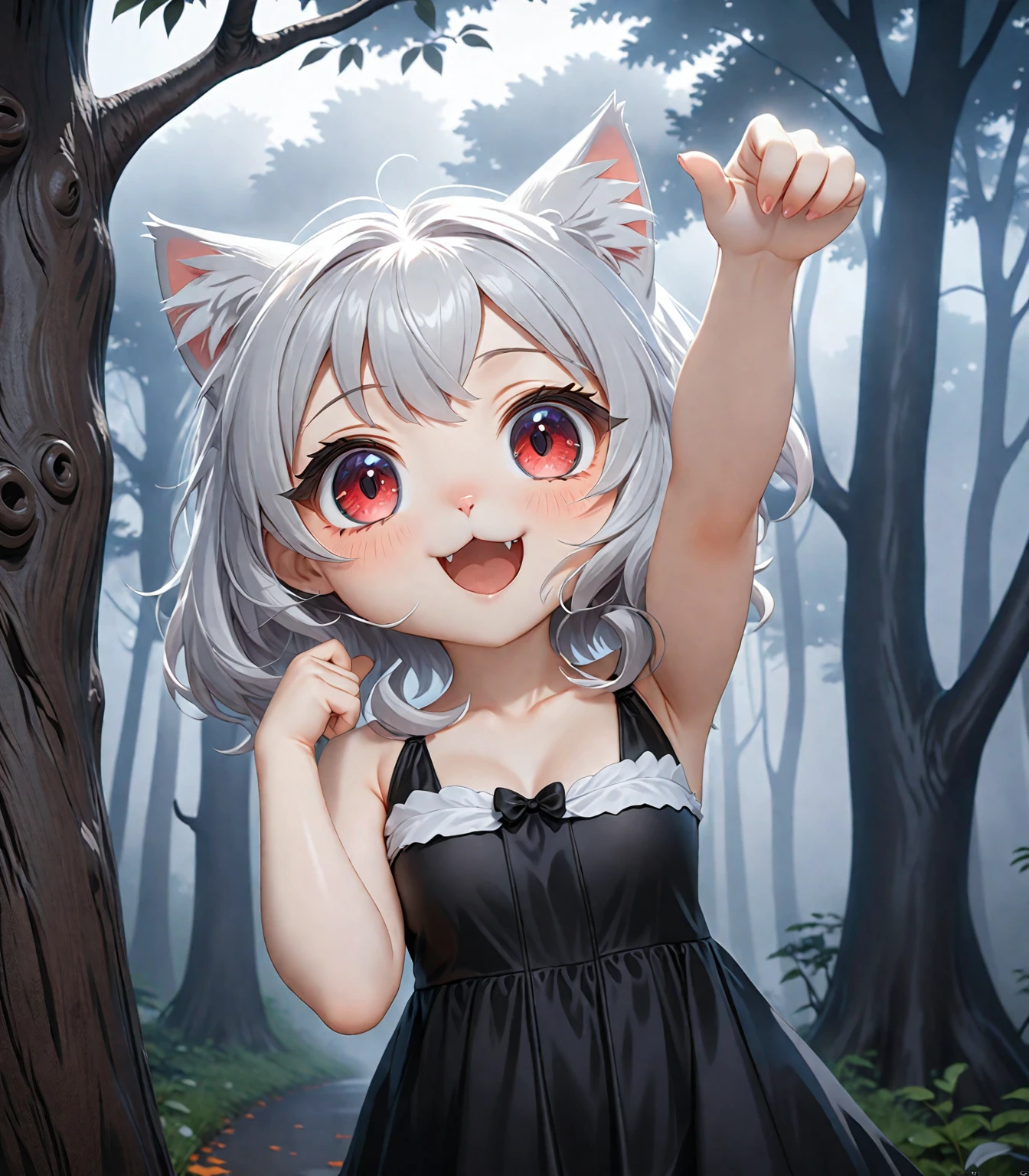 cat girl, chibi, in a black evening dress, silver hair, red eyes, reaches for the sign, which hangs on the ebony tree, scary tree, tree is curved, Halloween, Rendering, Anime background art, winner of the pixiv competition, Anime girl with cat ears cute!! chibi!!! cat girl, милый anime cat girl, with index finger, Nekomimi, anime cat girl!, cat girl, chemonomics, run, furry фураффинность, masterpiece, top quality, Best quality, official art, Beautiful and aesthetically pleasing:1.2), 2D, (Best quality, masterpiece), anime, (very detailed face), (very detailed eyes), fog, Black Forest, Ideal lighting, wearing a black evening dress