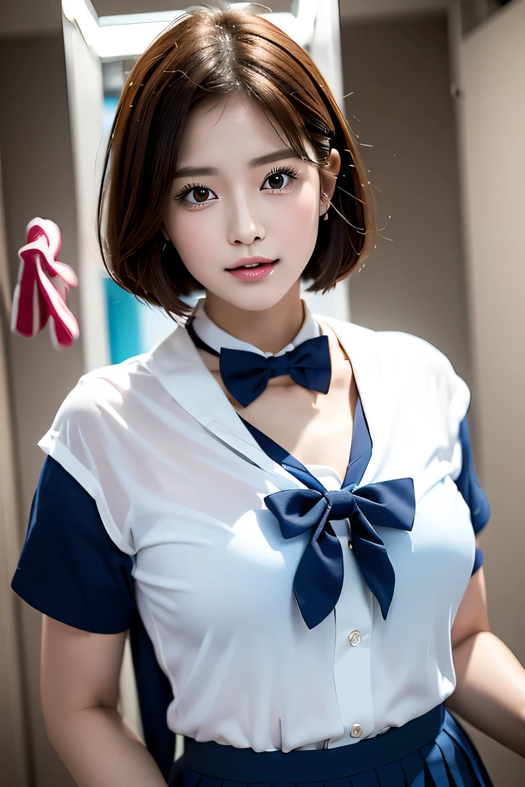 (((locker room))),(((Change clothes in the changing room:1.3))),(((clothes on hangers:1.3))),(((Sailor suit))),(((Pleated skirt that exposes skin))),(Dark red bow tie:1.3),Cute Face,Extreme close up of face,Silver short hair,Cute angry face,Perfect round face,iris,Floating Hair,Big Breasts.Professional Lighting,Cinematic Light,(Tabletop,highest quality,Ultra-high resolution output images,) ,(8K quality,),(Picture Mode Ultra HD,)
