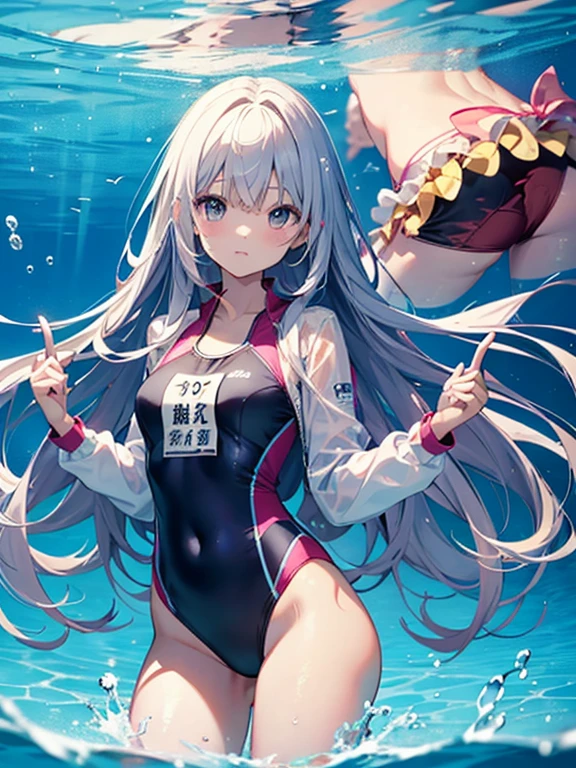 ((2D Beautiful Girl、highest quality、Perfect Finger 1.3、Perfect Anatomy 1.3、Very delicate and beautiful illustrations))、Cute girl、(Conversion Sequence)、((Swimwear))、14 years、Slender beautiful girl、Fractal Art、Baby Face、((Straight Long Hair))、Big droopy eyes、Laughter、Full-body display、(1 person)、Long sleeve、School swimming pool、standing、