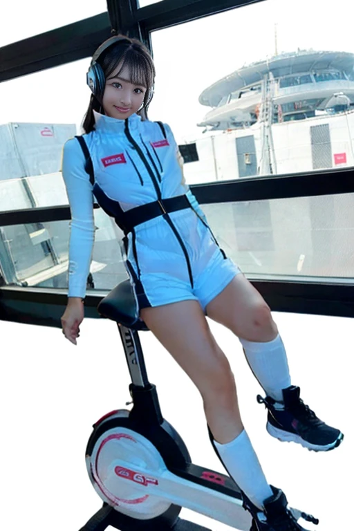 Girl straddling the seat cushion of a gym bike, Dolphin Shorts,astrovest,headphone,Astronaut training equipment,Inside the spaceship,White and blue futuristic space station interior, The universe seen from the window空間,LED lighting, Wide々and space, Wall-mounted screen, Fitness equipment storage,, The universe seen from the window, Futuristic Design, And the fine details. She is in training, standing on the zero gravity treadmill, Fun expression