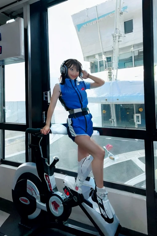 Girl straddling the seat cushion of a gym bike, Dolphin Shorts,astrovest,headphone,Astronaut training equipment,Inside the spaceship,White and blue futuristic space station interior, The universe seen from the window空間,LED lighting, Wide々and space, Wall-mounted screen, Fitness equipment storage,, The universe seen from the window, Futuristic Design, And the fine details. She is in training, standing on the zero gravity treadmill, Fun expression
