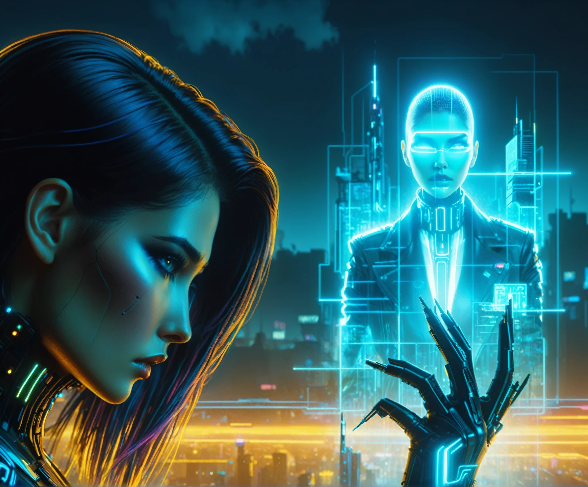 A stunning, high-quality image of a cyberpunk szene This captivating a female assassin in her hand with a hologram of an executive, piece seamlessly blends photography, dark and neon awesome combination, orange yellow, blue and Black, illustration, 3D rendering, and painting to create a cinematic experience that evokes both wonder and danger, dark fantasy, cinematic, poster, 3d render, illustration, painting, photo, vibrant