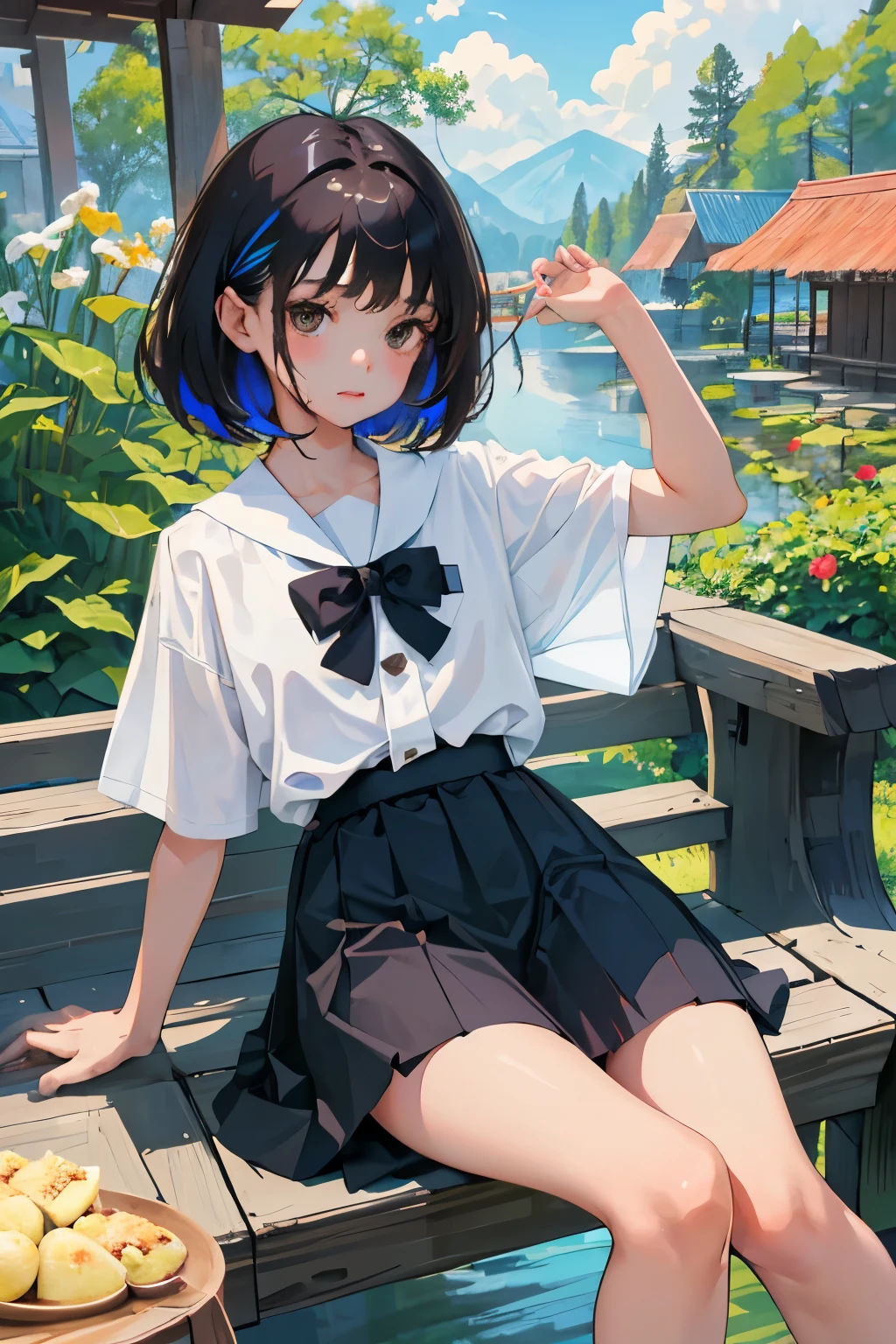 (child),highest quality,Beautiful face in every detail,cute,Dark brown eyes,(背の低いcute女の子,Small young student,Young delicate girl),(masterpiece,Top quality),Black Hair,Sleepy expression,Short sleeve white shirt,Colorful checked skirt,garden