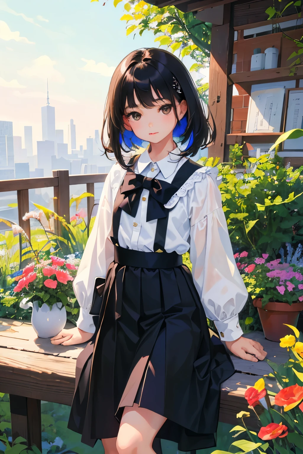(child)，highest quality，Beautiful face in every detail，cute，Dark brown eyes，(背の低いcute女の子，Small young student，Young delicate girl）,（masterpiece，Top quality)，Black Hair，Sleepy expression，Short sleeve white shirt，Colorful checked skirt，garden