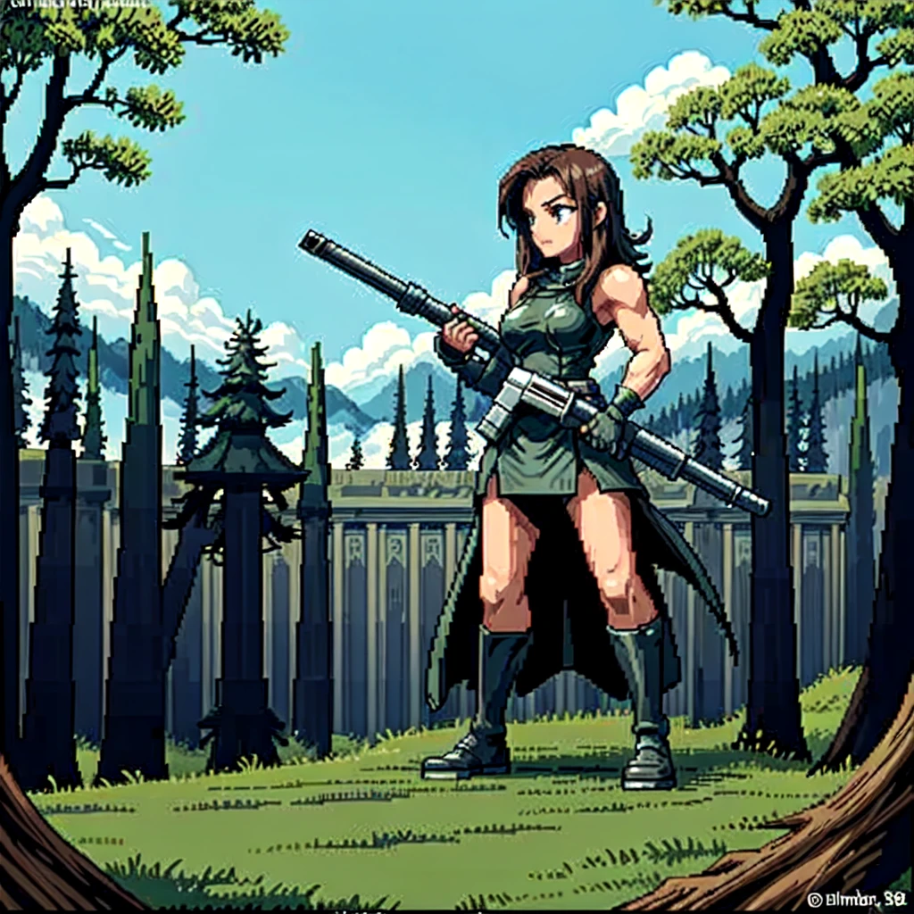 (masterpiece, top quality, best quality), pixel,pixel art,a dark soldier holding a giant rifle hiding in the forest,full body