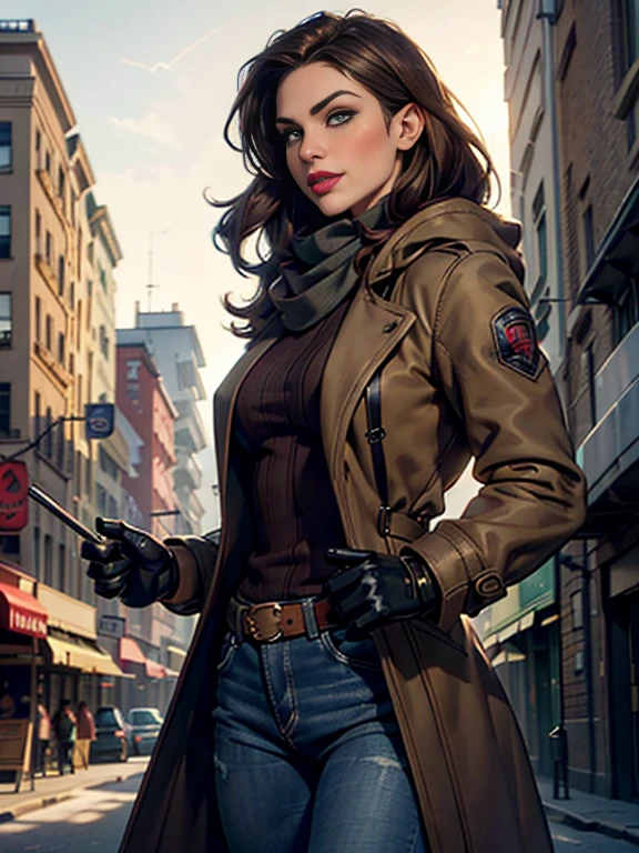Kat Denningasterpiece:1.0), (Highest_quality:1.2), (Dark Shot:1.3), Classic Rogue, 1991 Rogue X-Men, 1 girl, Only 1, Head to Toe, standing on street corner, Elegant pose, (clothing: Brown winter coat, Brown color hood, Down lining, White scarf, gloves, jeans) Medium length hair, Brown Hair, Wavy Hair, One gray hair, Green Eyes, Mischievous look, Grin, Lips parted, Red lipstick, Heavy makeup, Confident expression, Backlight, (realism: 1.5), (Realistic: 1.4), (Disorganized:1.4), 8k, Very detailed, Detailed beautiful woman, (background: Midnight, it's snowing, On the streets of New York, Snowy Night), Official Art, Very detailed CG Unity 8k wallpaper, Perfect lighting, colorful, 超High resolution, photograph, 8k, High resolution, Kodak Portrait 400, Film Grain, blurry background, (Bokeh:1.2), (Vibrant_color:1.2), Film Grain:1.2, (Warm colors, Warm Tones:1.2), (color photo), Professional Photograph