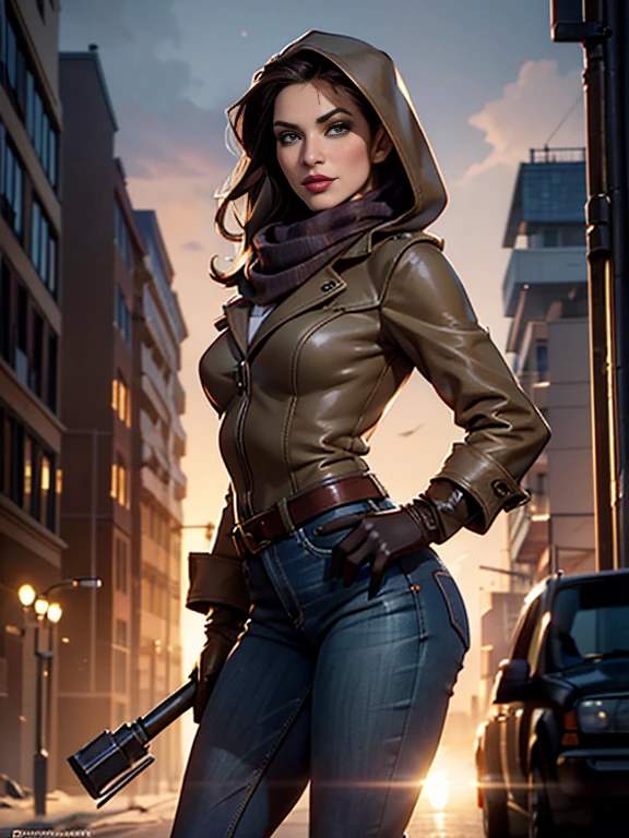 Kat Denningasterpiece:1.0), (Highest_quality:1.2), (Dark Shot:1.3), Classic Rogue, 1991 Rogue X-Men, 1 girl, Only 1, Head to Toe, standing on street corner, Elegant pose, (clothing: Brown winter coat, Brown color hood, Down lining, White scarf, gloves, jeans) Medium length hair, Brown Hair, Wavy Hair, One gray hair, Green Eyes, Mischievous look, Grin, Lips parted,  Red lipstick, Heavy makeup, Confident expression, Backlight, (realism: 1.5), (Realistic: 1.4), (Disorganized:1.4), 8k, Very detailed, Detailed beautiful woman,  (background: Midnight, it&#39;s snowing, On the streets of New York, Snowy Night), Official Art, Very detailed CG Unity 8k wallpaper, Perfect lighting, colorful, 超High resolution, photograph, 8k, High resolution, Kodak Portrait 400, Film Grain, blurry background, (Bokeh:1.2), (Vibrant_color:1.2), Film Grain:1.2, (Warm colors, Warm Tones:1.2), (color photo), Professional Photograph