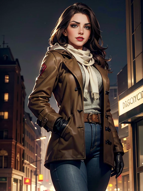 Kat Denningasterpiece:1.0), (Highest_quality:1.2), (Dark Shot:1.3), Classic Rogue, 1991 Rogue X-Men, 1 girl, Only 1, Head to Toe, standing on street corner, Elegant pose, (clothing: Brown winter coat, Brown color hood, Down lining, White scarf, gloves, jeans) Medium length hair, Brown Hair, Wavy Hair, One gray hair, Green Eyes, Mischievous look, Grin, Lips parted, Red lipstick, Heavy makeup, Confident expression, Backlight, (realism: 1.5), (Realistic: 1.4), (Disorganized:1.4), 8k, Very detailed, Detailed beautiful woman, (background: Midnight, it's snowing, On the streets of New York, Snowy Night), Official Art, Very detailed CG Unity 8k wallpaper, Perfect lighting, colorful, 超High resolution, photograph, 8k, High resolution, Kodak Portrait 400, Film Grain, blurry background, (Bokeh:1.2), (Vibrant_color:1.2), Film Grain:1.2, (Warm colors, Warm Tones:1.2), (color photo), Professional Photograph